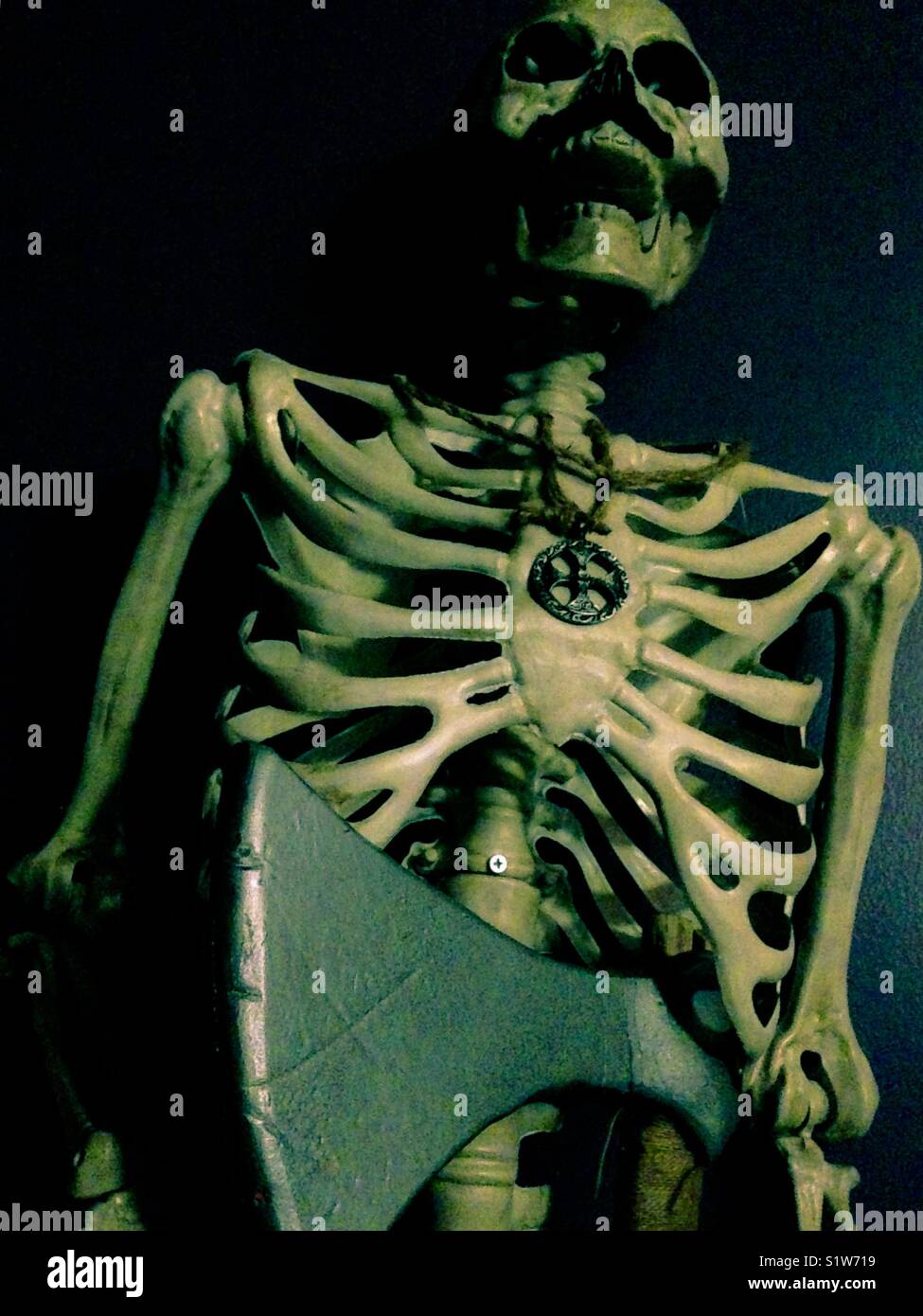 Plastic skeleton with mustache and Viking ax - Smartphone Captured Stock Image