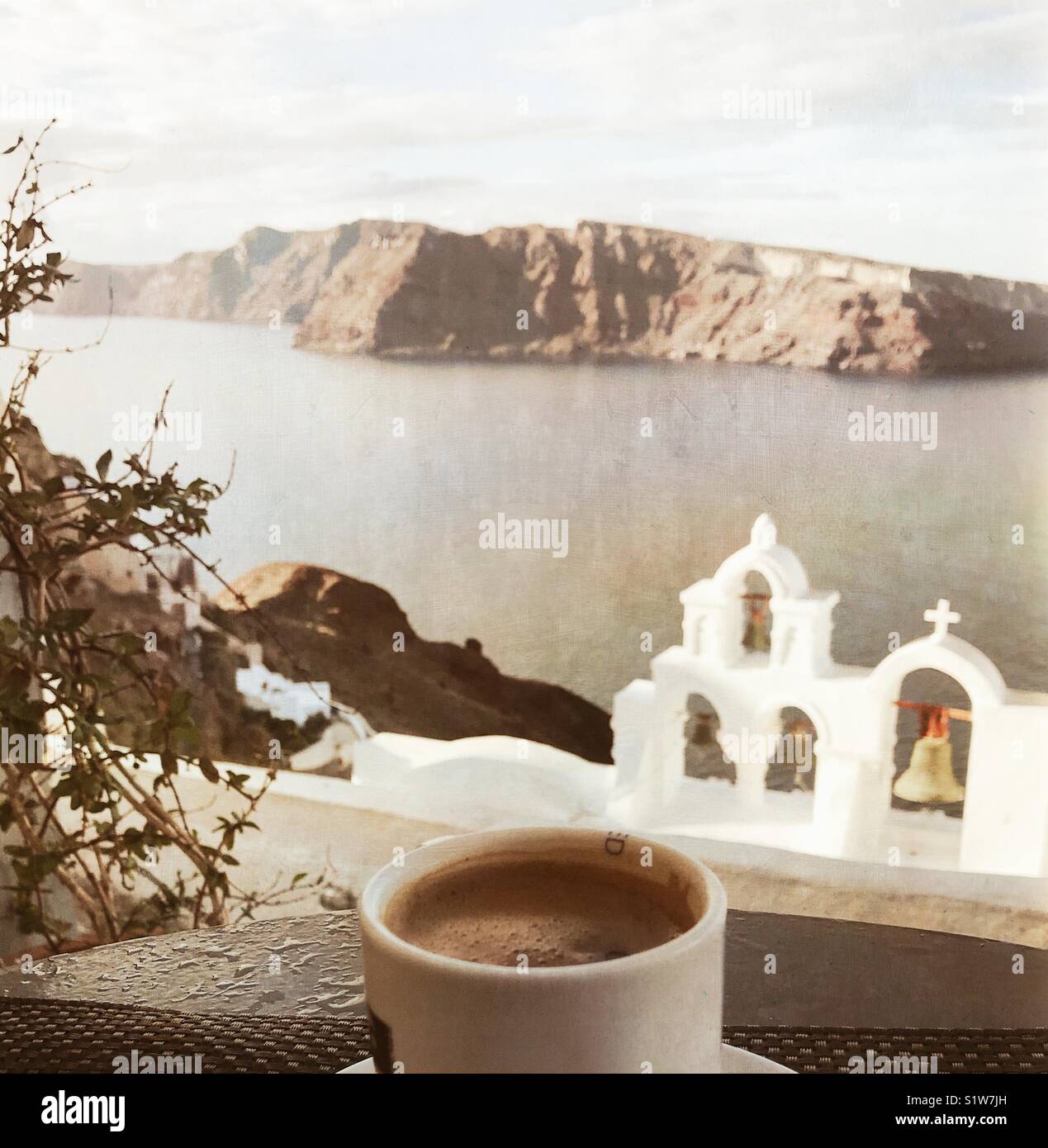Coffee at the village of Oia in Santorini, Greece - Smartphone Captured Stock Image