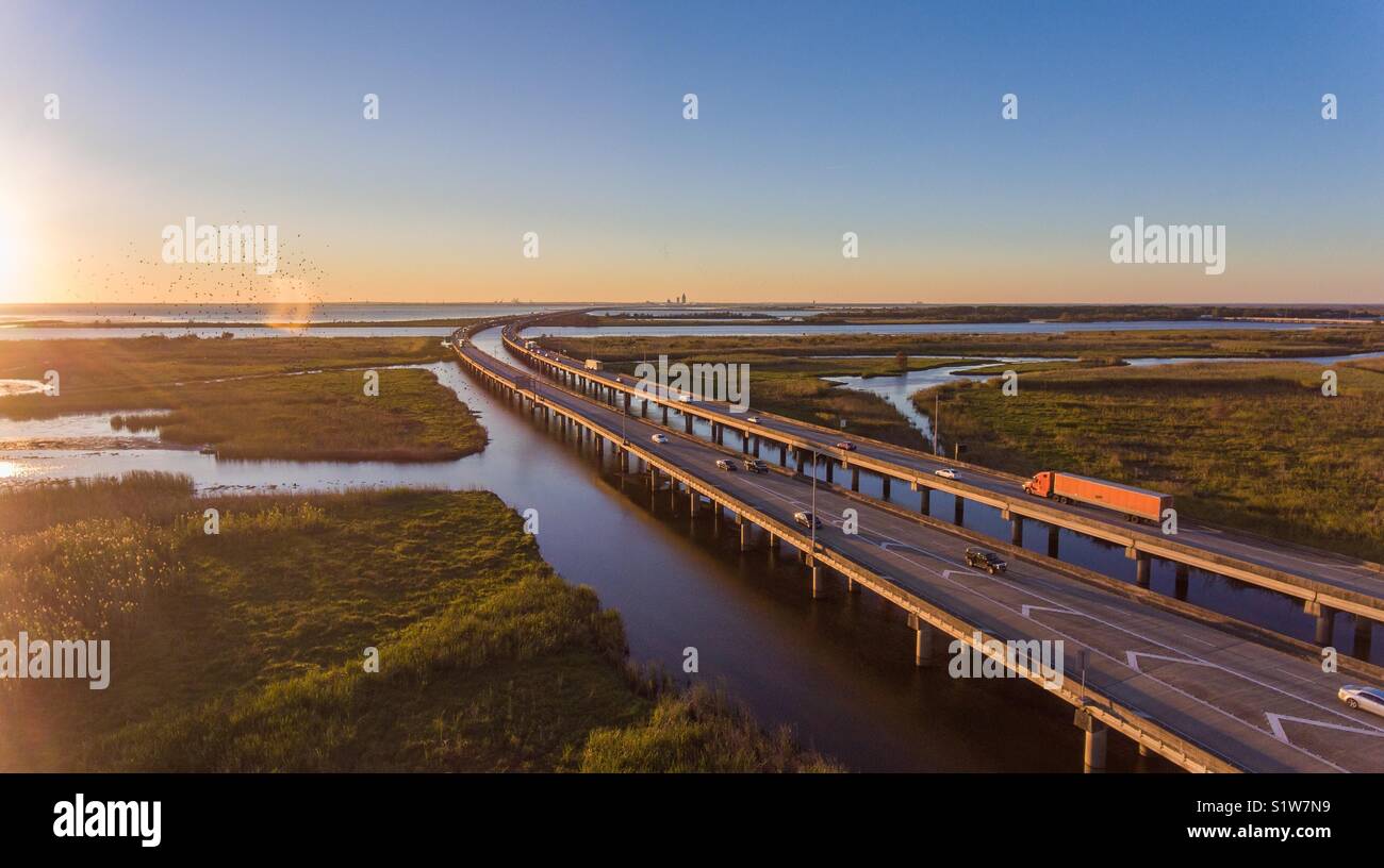Flock of birds caught in sunlight over the bay - Smartphone Captured Stock Image