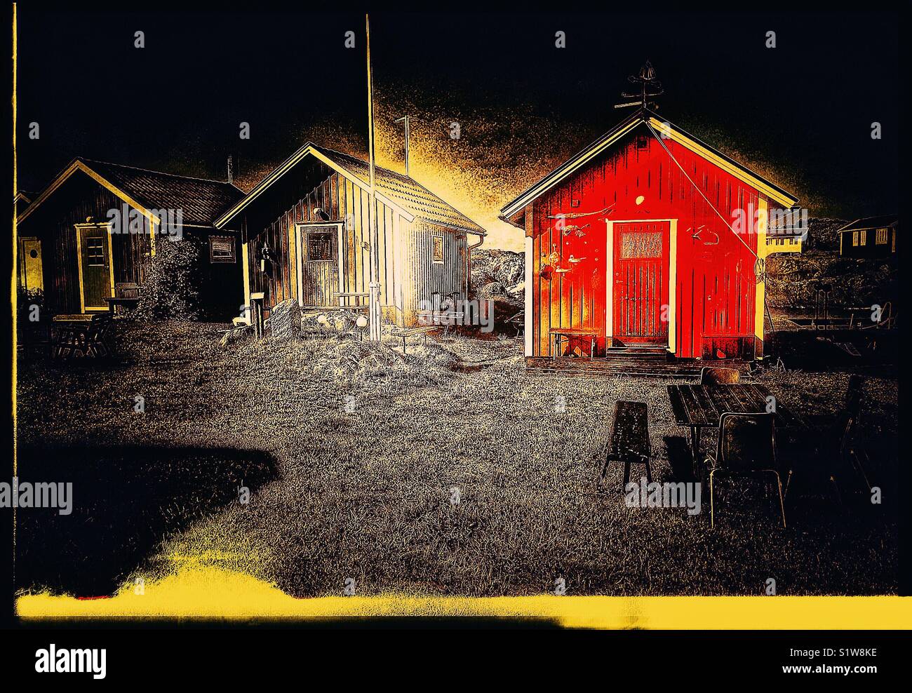 Timber summer cabins on the island of Oja at the southern end of the Stockholm archipelago, Sweden, Scandinavia - Smartphone Captured Stock Image
