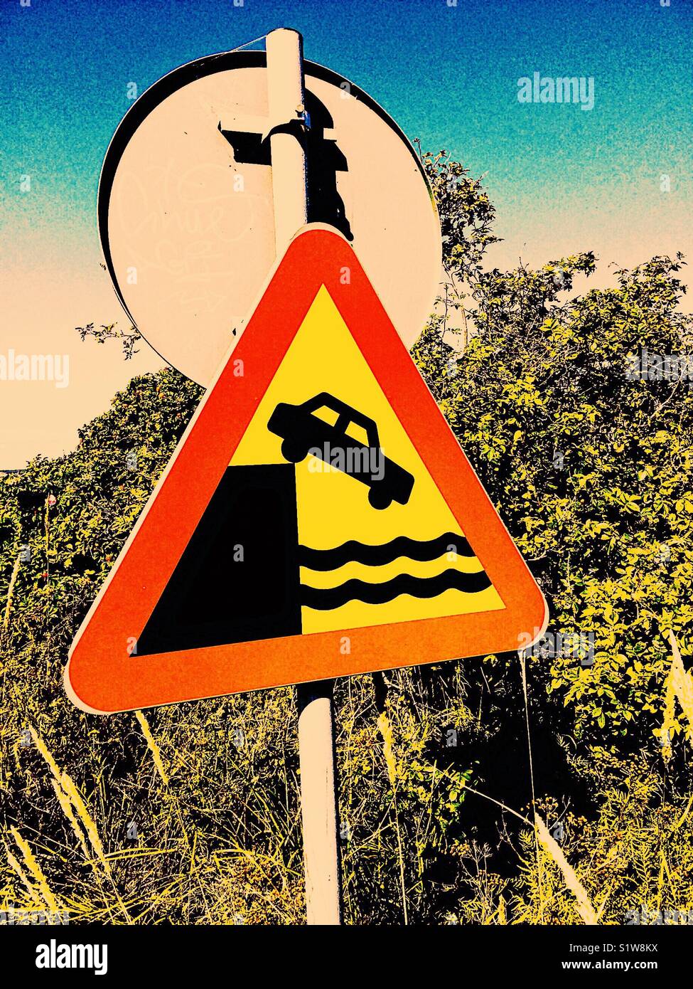 Warning sign for drivers of quayside, harbour, river, wharf, canal, Sweden - Smartphone Captured Stock Image