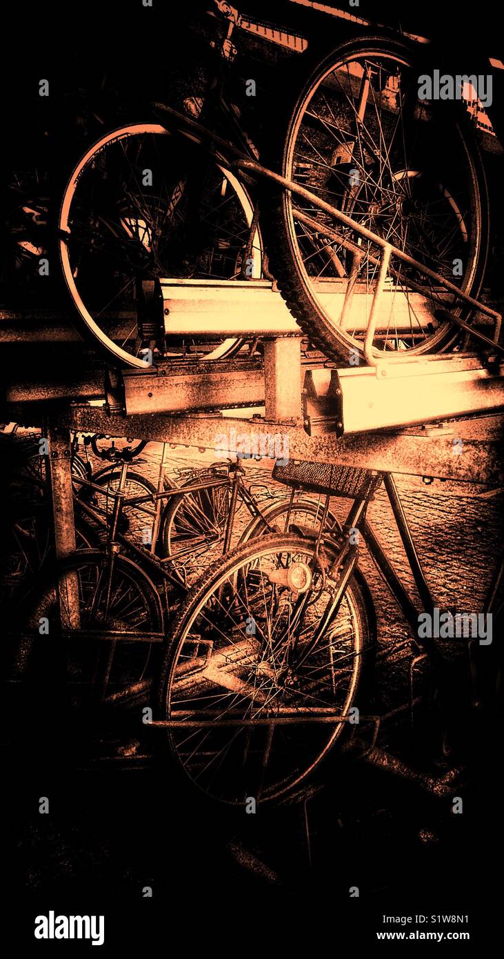 Double decker bike parking, Stockholm, Sweden, Scandinavia - Smartphone Captured Stock Image