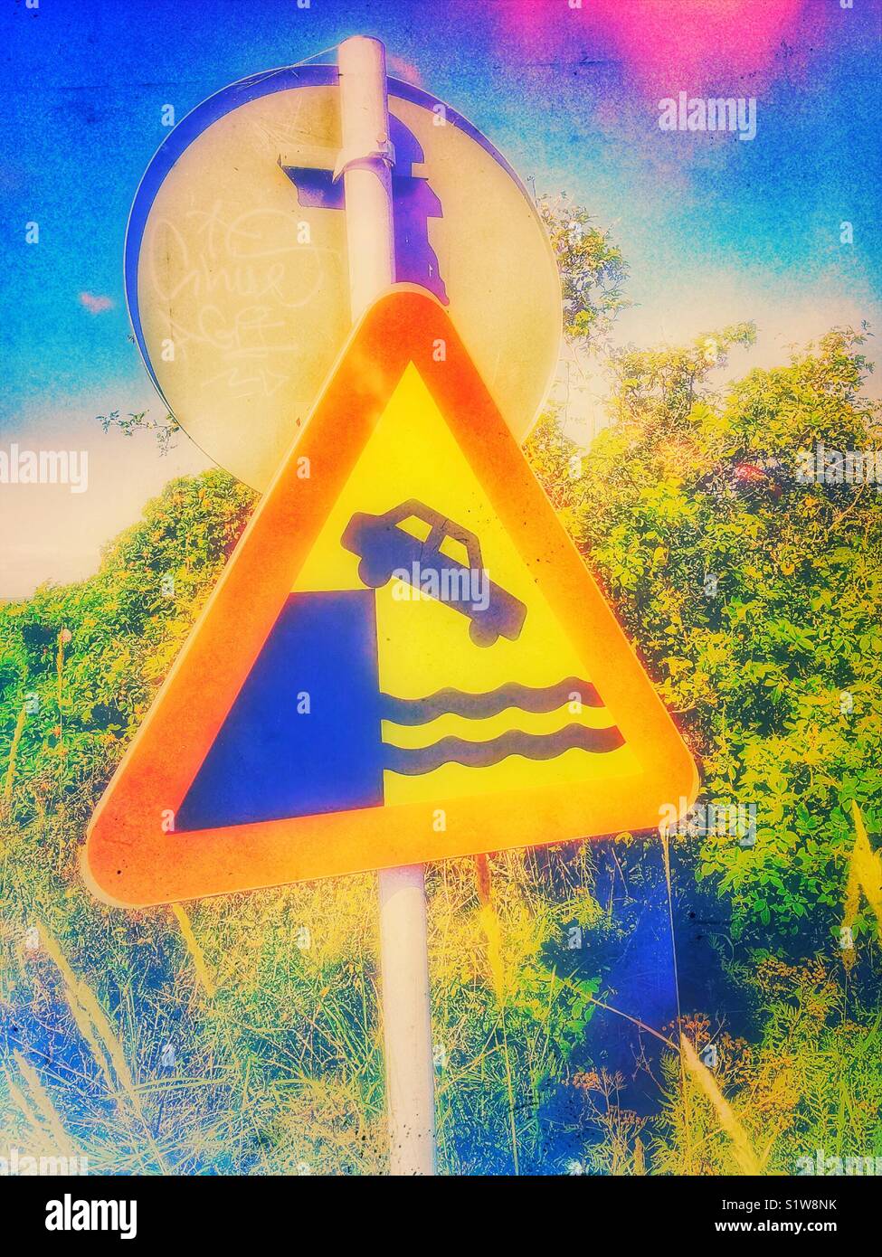 Warning sign for drivers of quayside, harbour, river, wharf, canal, Sweden - Smartphone Captured Stock Image