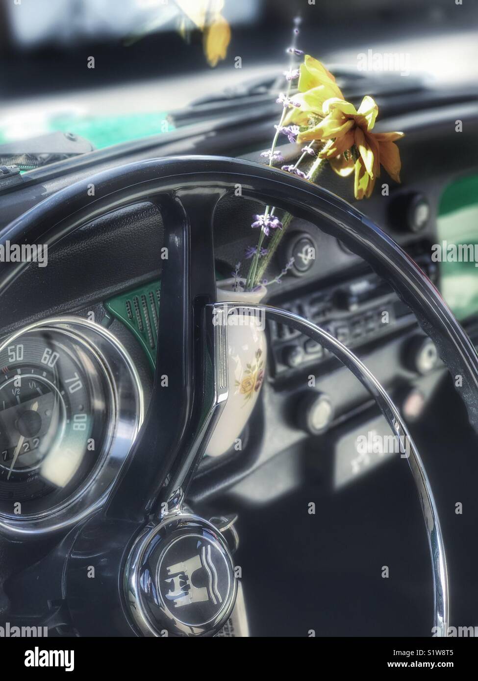 Vintage VW Beetle Dashboard and steering wheel - Smartphone Captured Stock Image