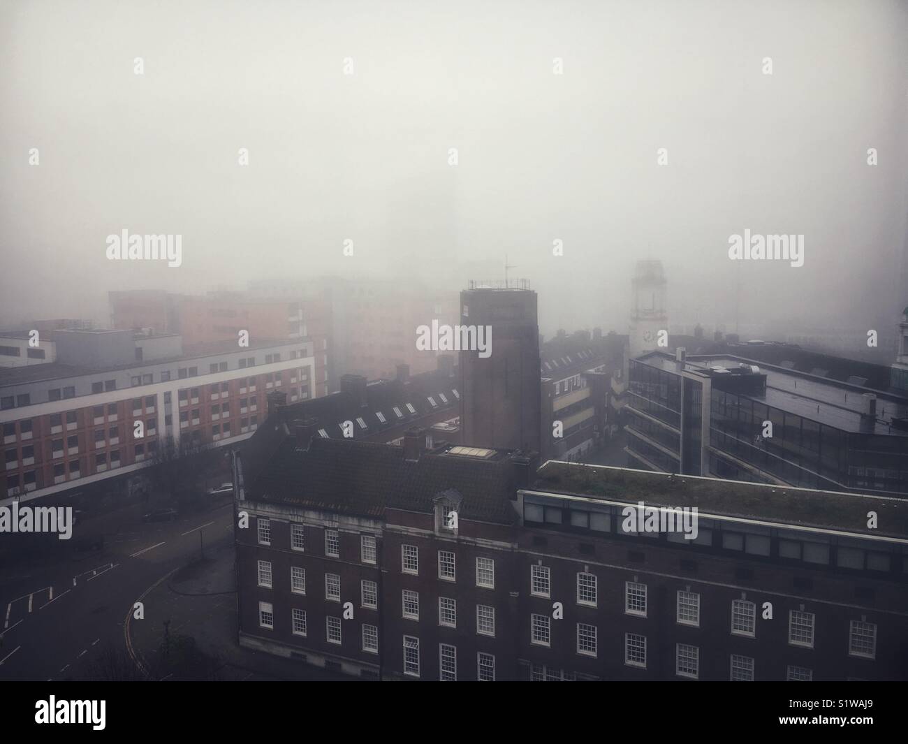 Foggy Birmingham view over old fire station - Smartphone Captured Stock Image