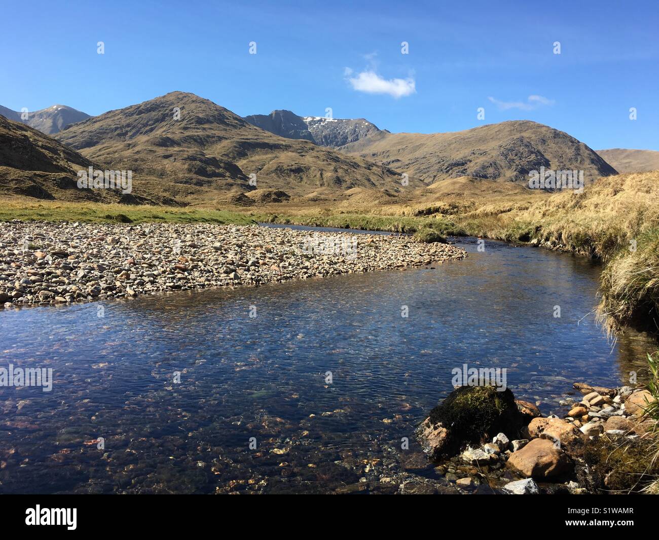 Allt Cam-ban and the mountains of Kintail from the Affric Kintail Way, Highlands, Scotland. Stock Photo