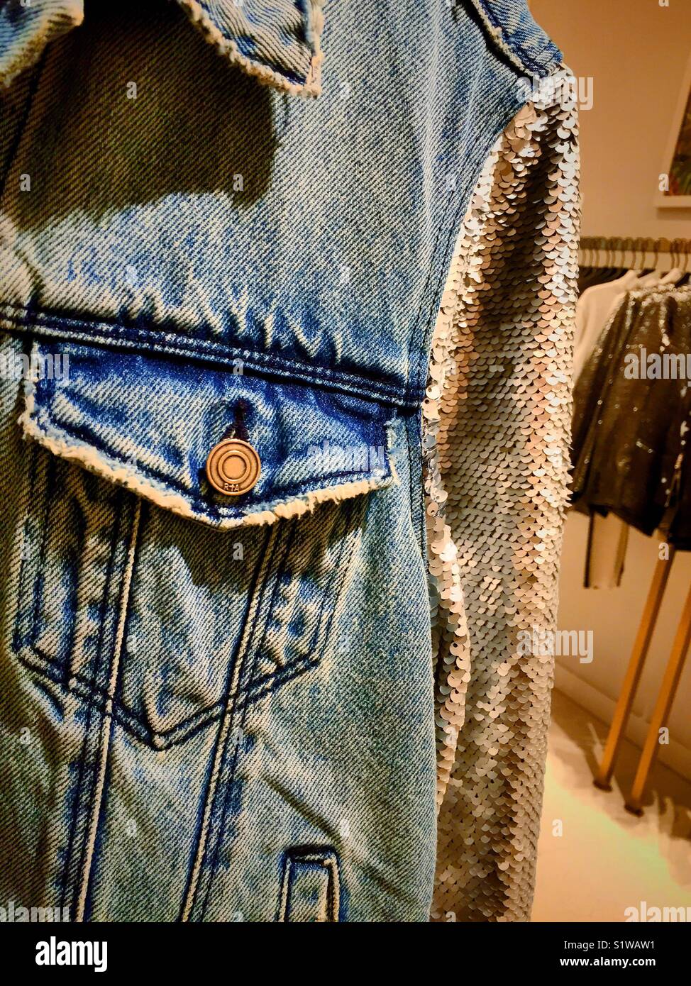 Novelty denim jacket with sequin sleeves, USA Stock Photo Alamy