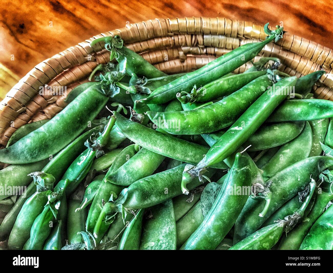Basket full of freshly picked garden peas, high angle view - Smartphone Captured Stock Image