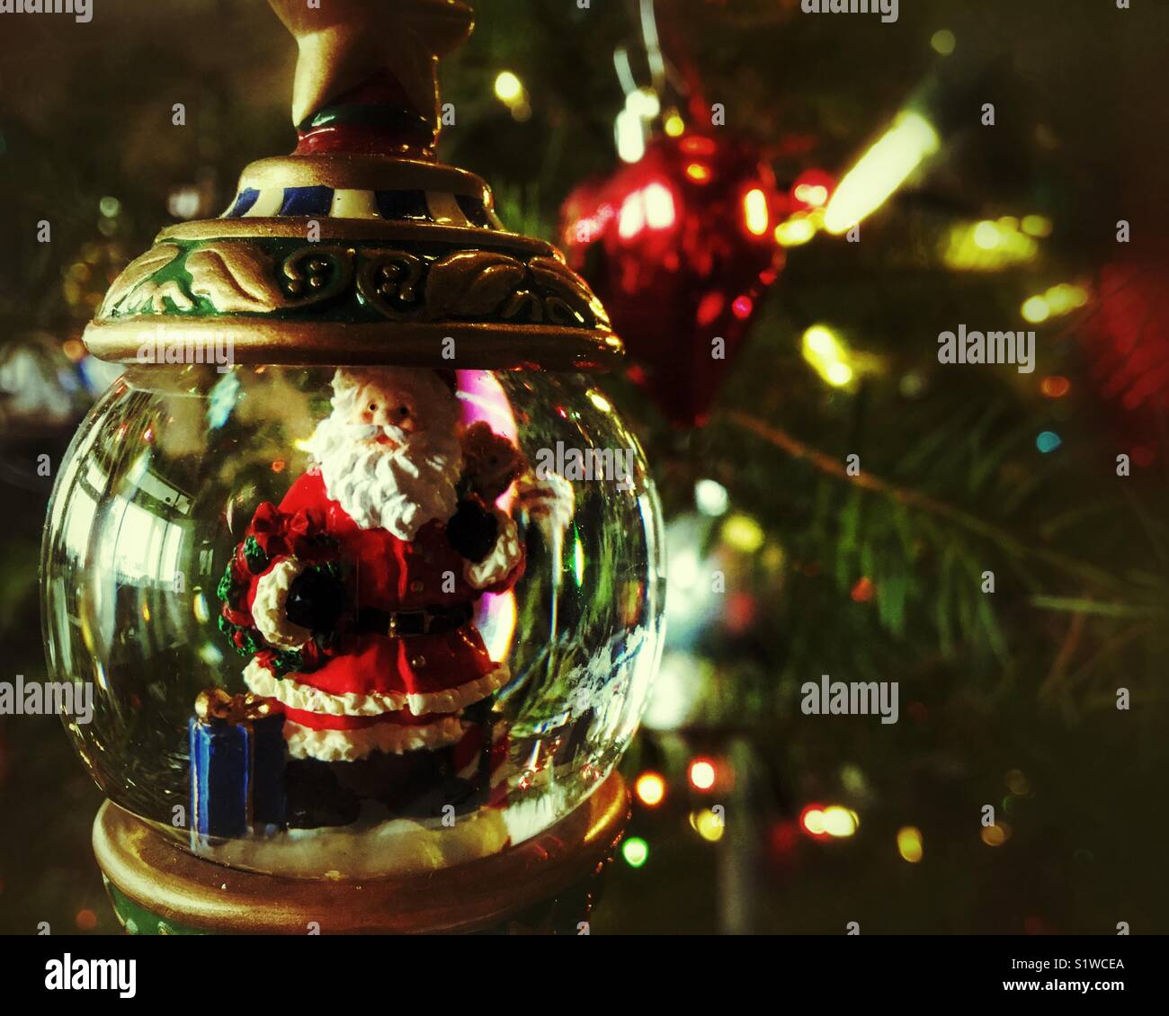 Close up of a Christmas ornament on a Christmas tree. Stock Photo