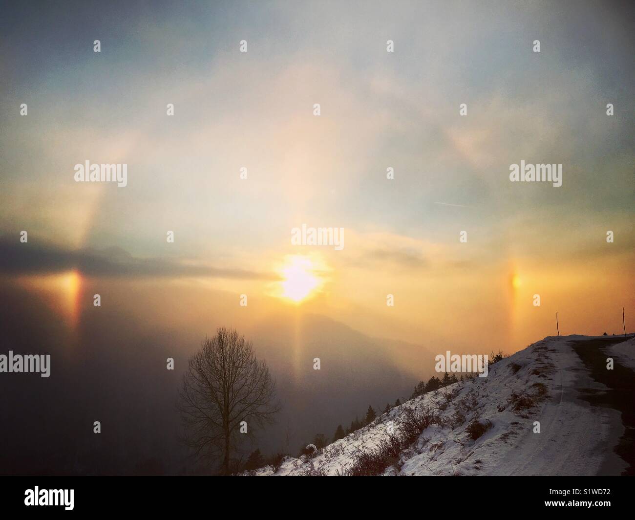 French Alps, phenomenon, sun, moon, eclipse, halo, nature, sunset, mountains, Stock Photo