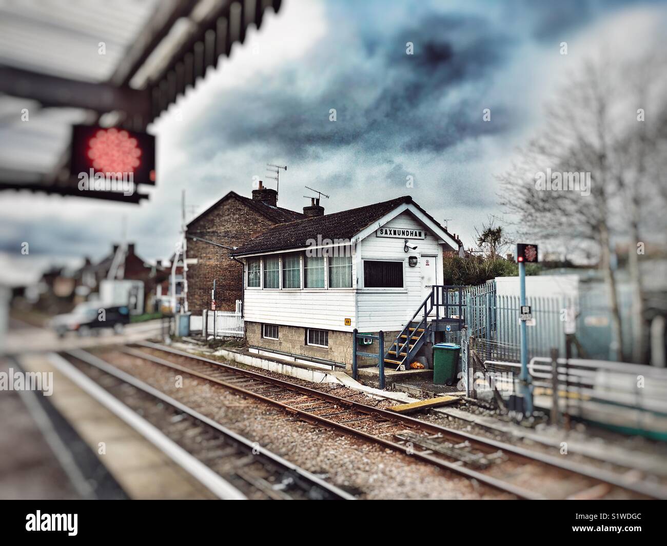 Wooden signal box on the East Suffolk branch line, Saxmundham, Suffolk, England. - Smartphone Captured Stock Image