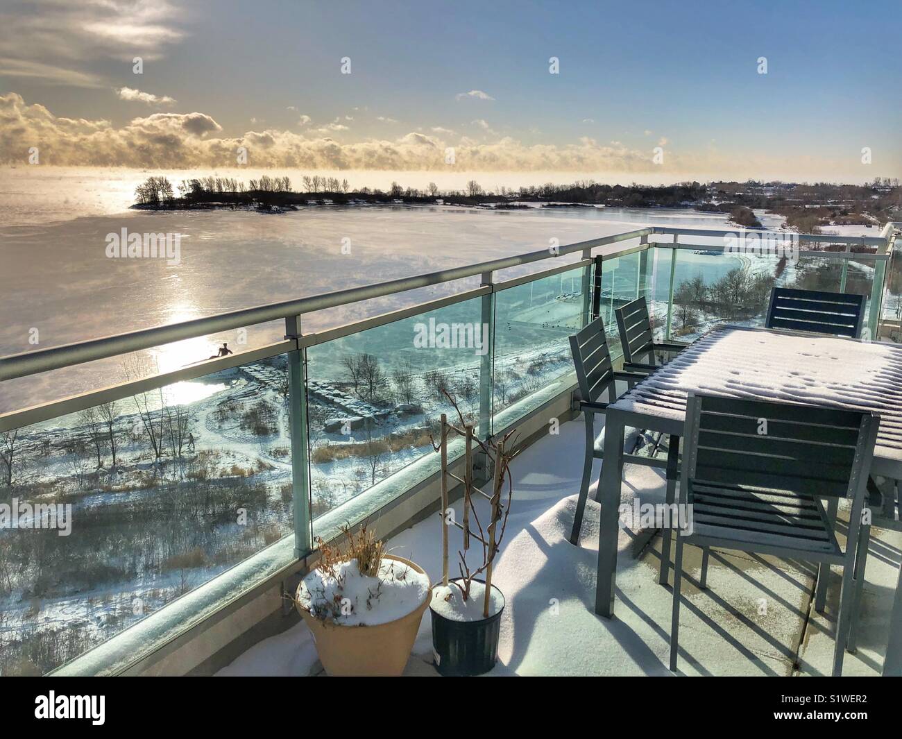 View Of Frozen Lake Ontario From A Condo Terrace In Toronto Stock