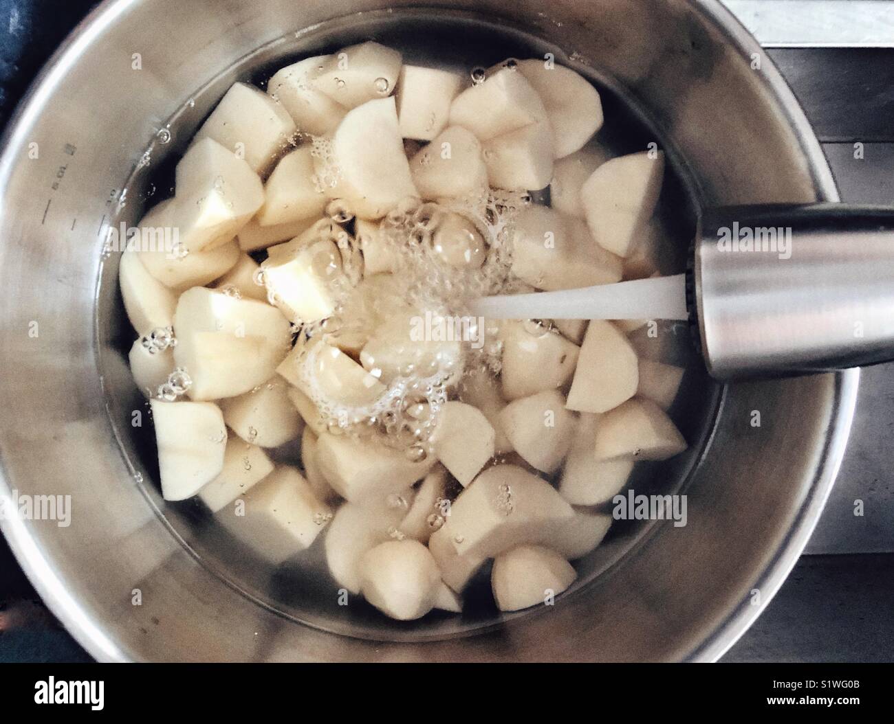 Filling a large stainless steel pot full of cubed white potatoes for boiling Stock Photo