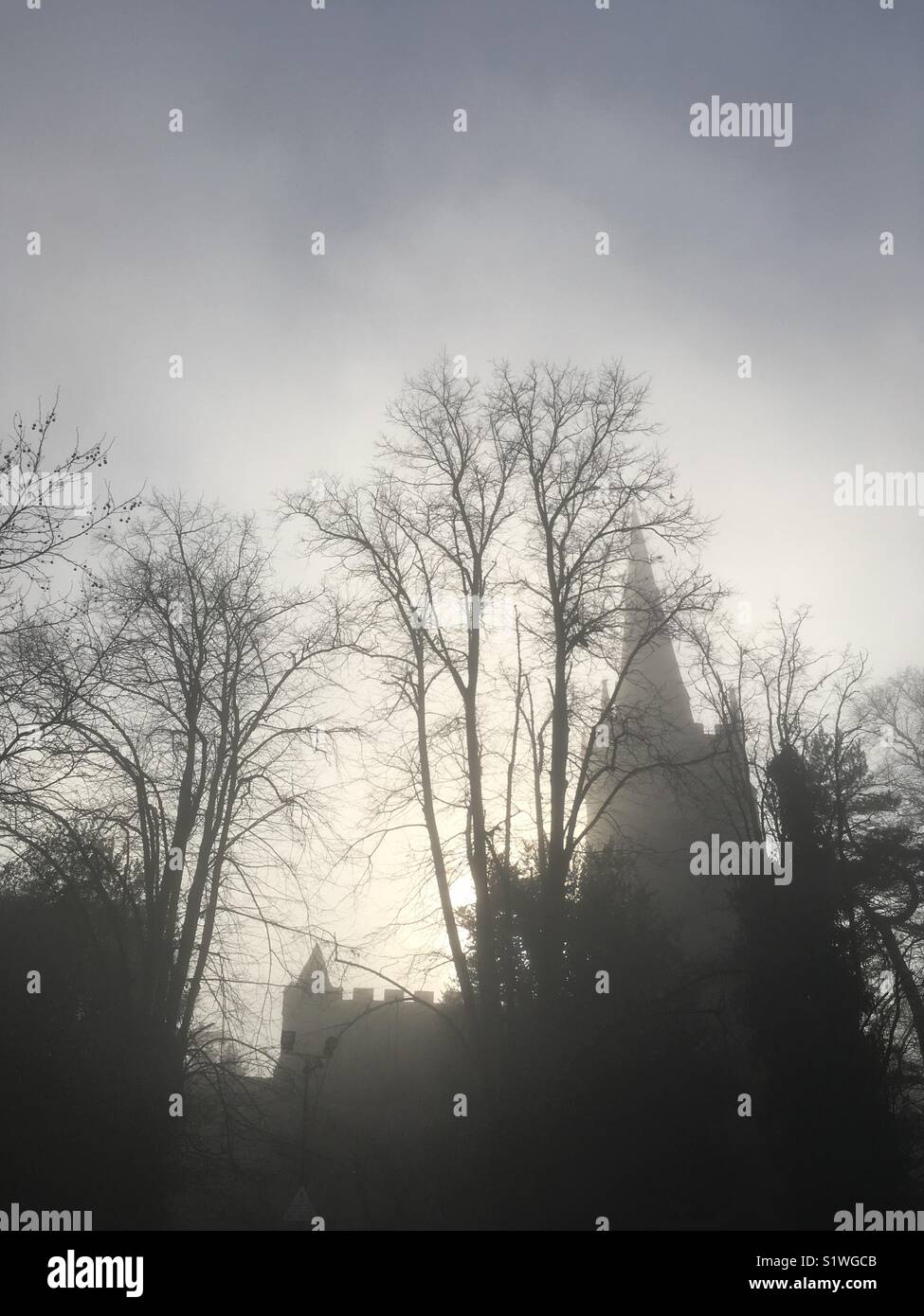 Misty English Countryside, Trees and Church Stock Photo