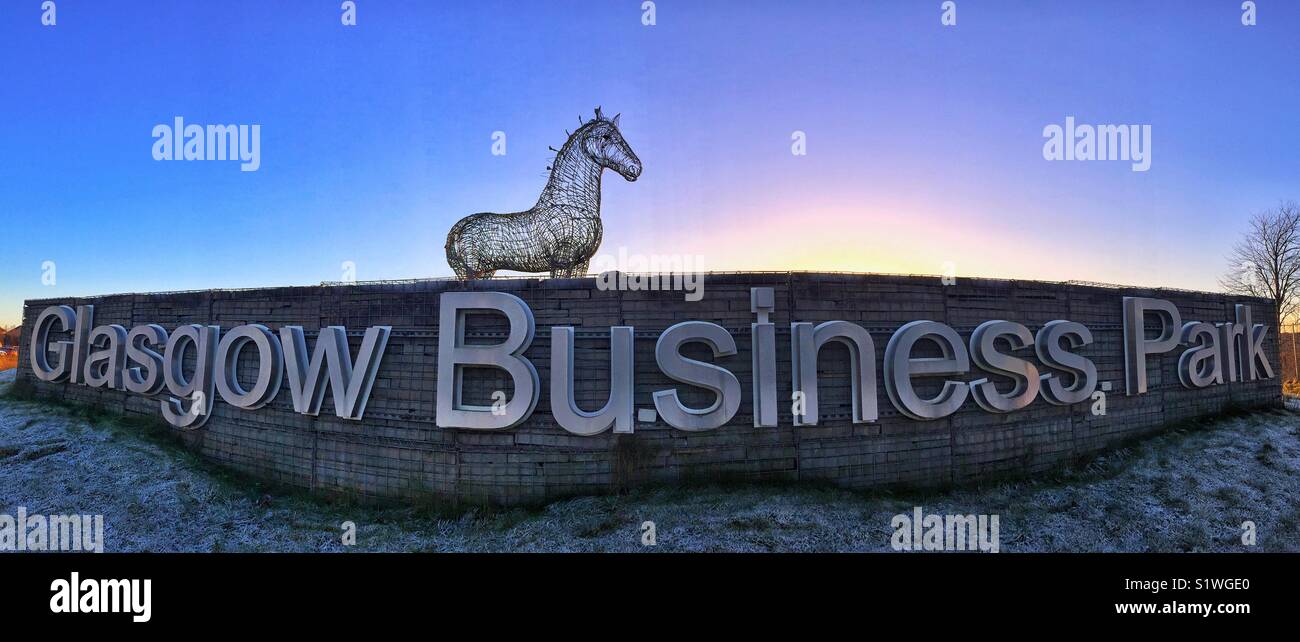 Panoramic image of Andy Scott’s Heavy Horse Sculpture at Glasgow Business Park, Glasgow, Scotland. Stock Photo