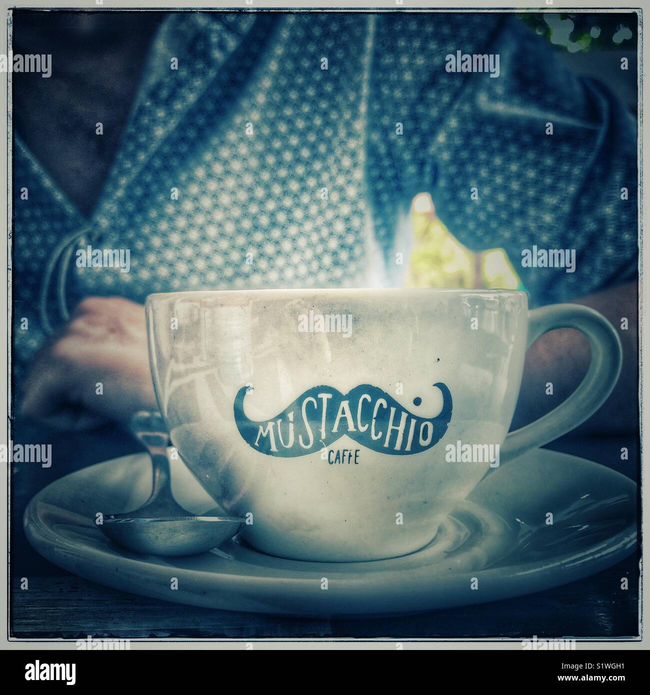 Coffee cup in Mustacchio restaurant, Kloof Street, Cape Town. - Smartphone Captured Stock Image