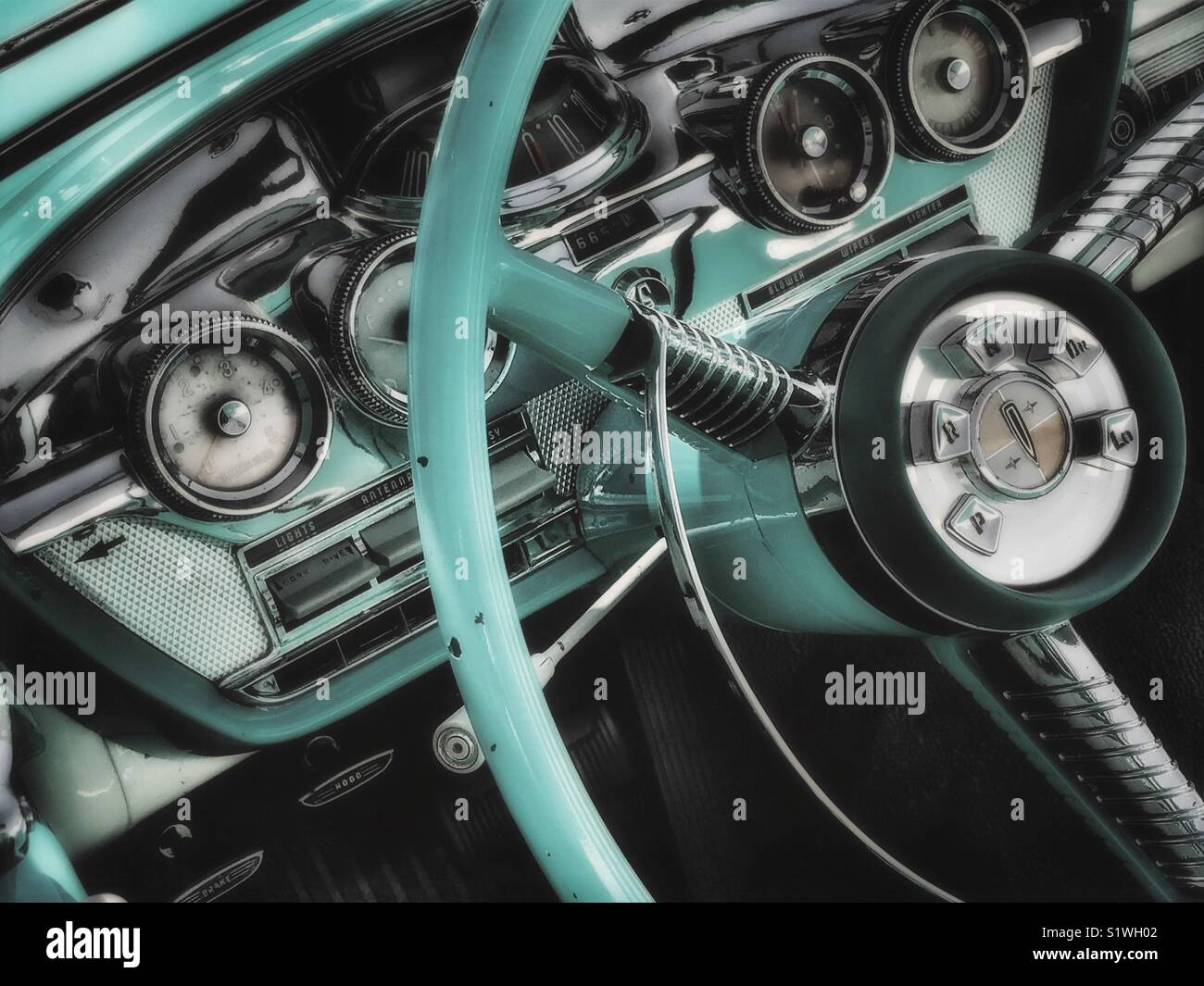 Classic car dashboard and steering wheel - Smartphone Captured Stock Image