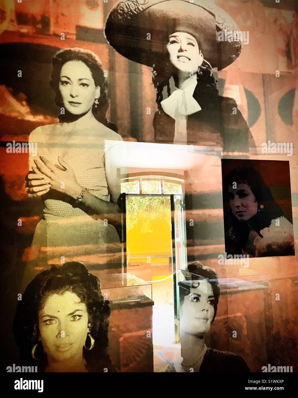 Mexican actresses Flor Silvestre, Columba Dominguez, Lucha Villa, Iryma Serrano y Elvira Quintana reflected on a door in the Museo Jose Alfredo Jimenez museum in Dolores Hidalgo, Guanajuato, Mexico - Smartphone Captured Stock Image