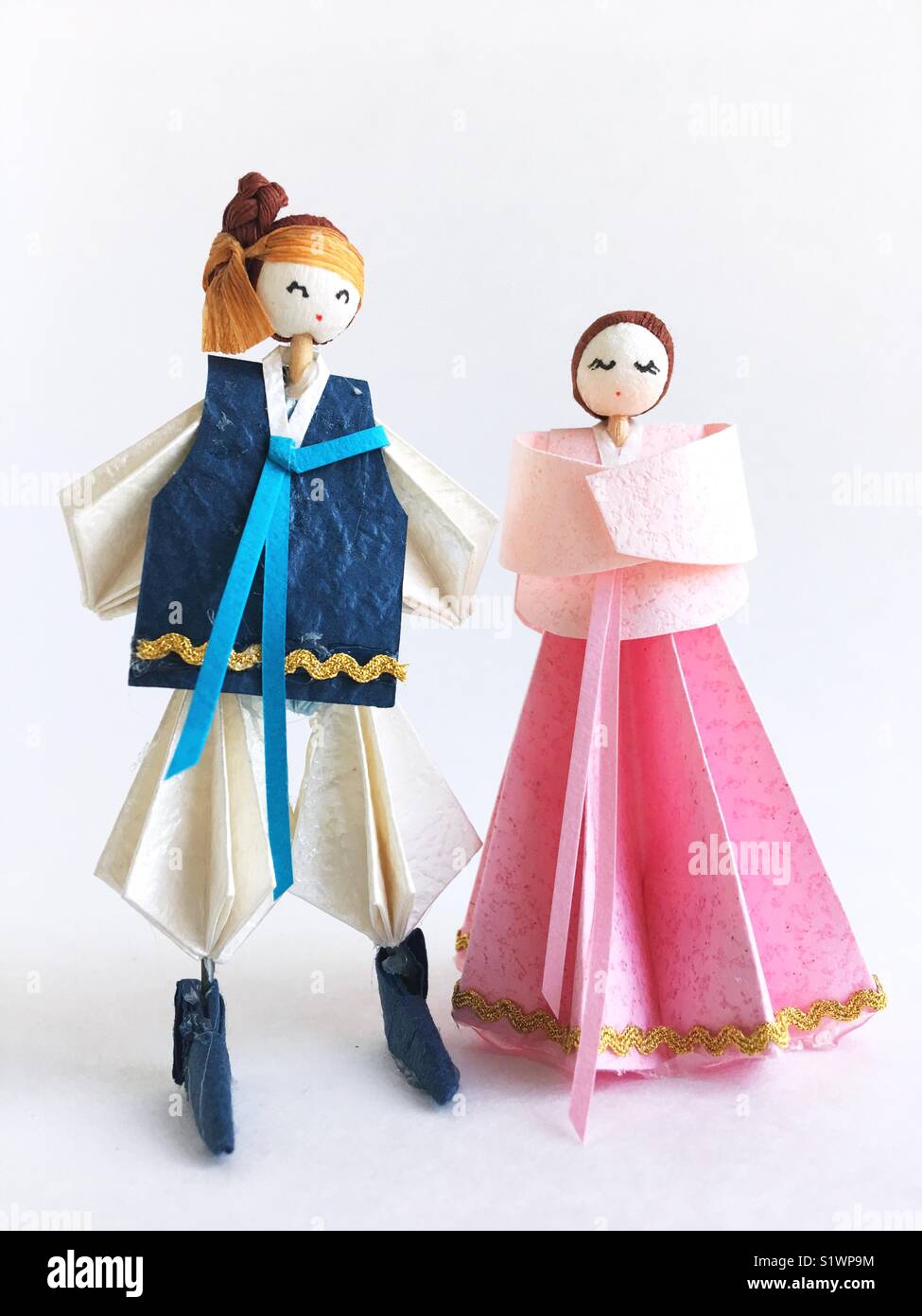 Korean hanbok wedding paper figures. Stock Photo