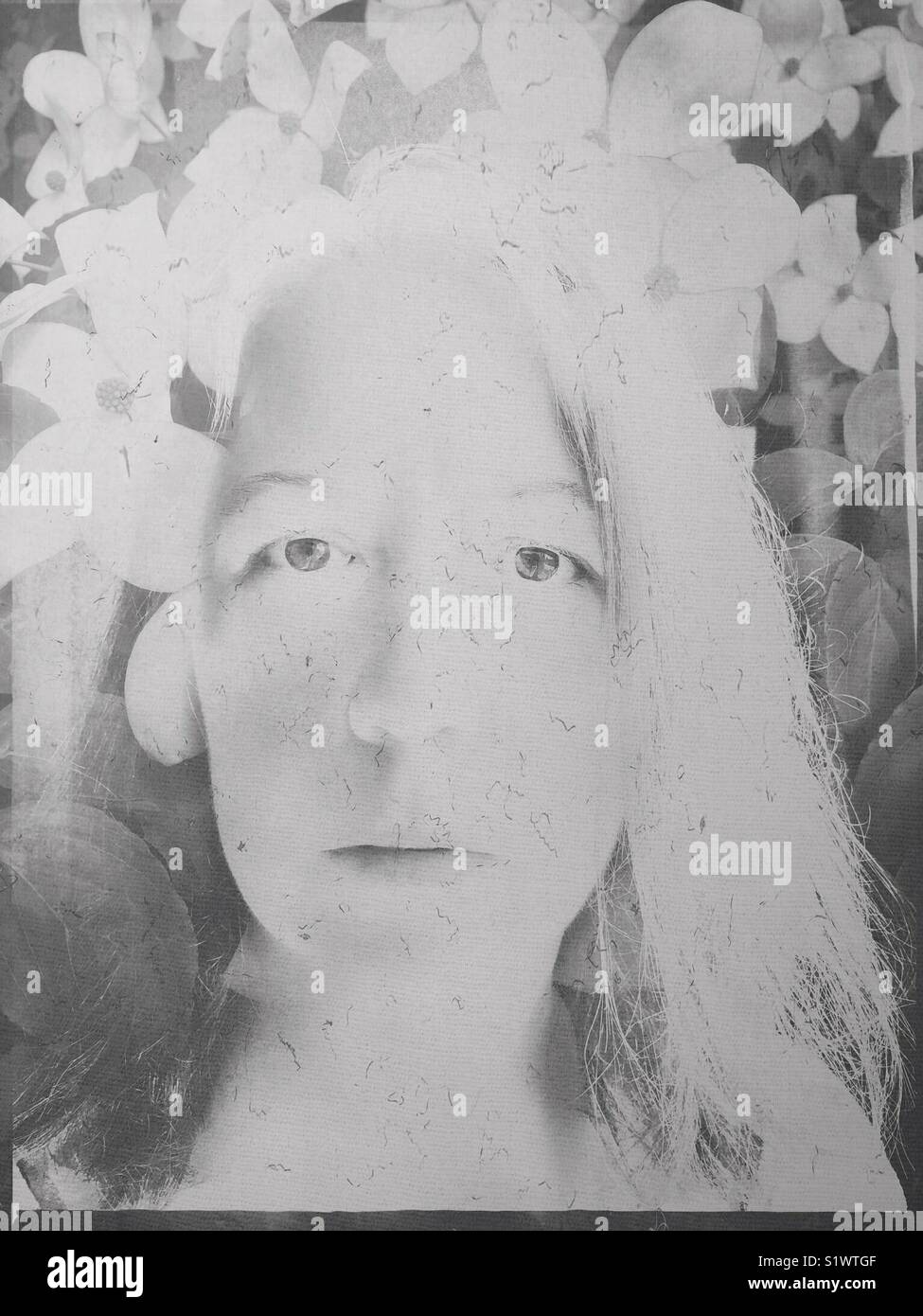 Pale Woman With Flowers Monochrome Stock Photo Alamy