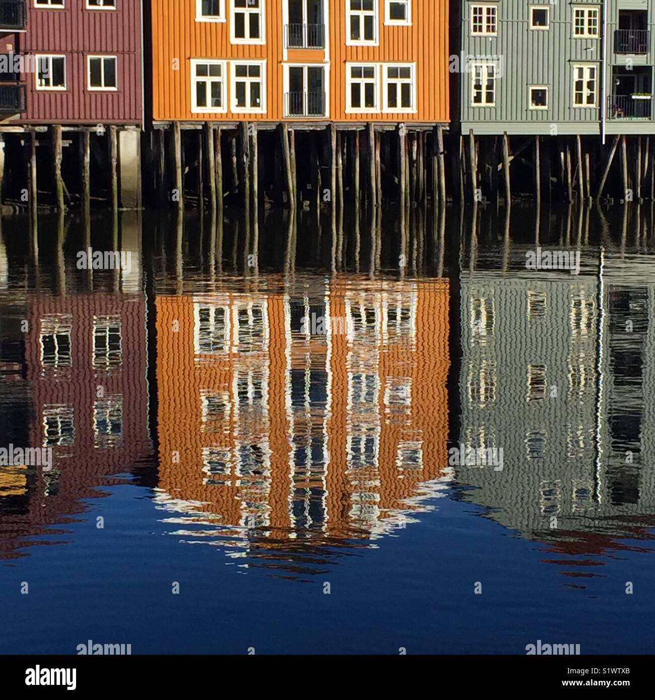 Old fishing warehouse reflecting in the river Nidelva, Trondheim, Sor Trondelag, Norway, Scandinavia, Europe. Stock Photo