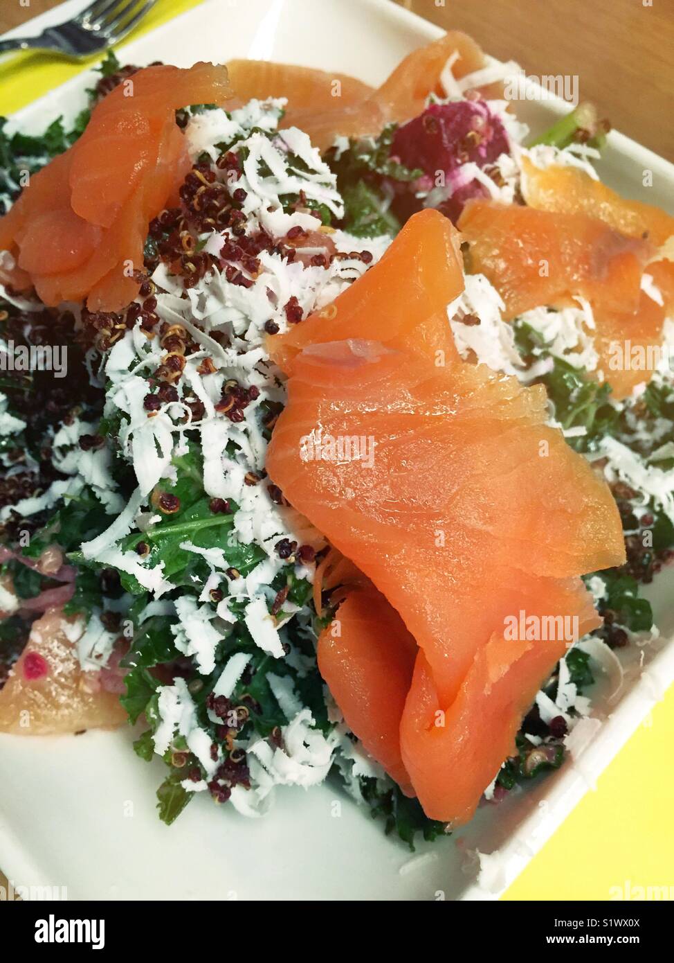 Smoked salmon gourmet salad close up - Smartphone Captured Stock Image