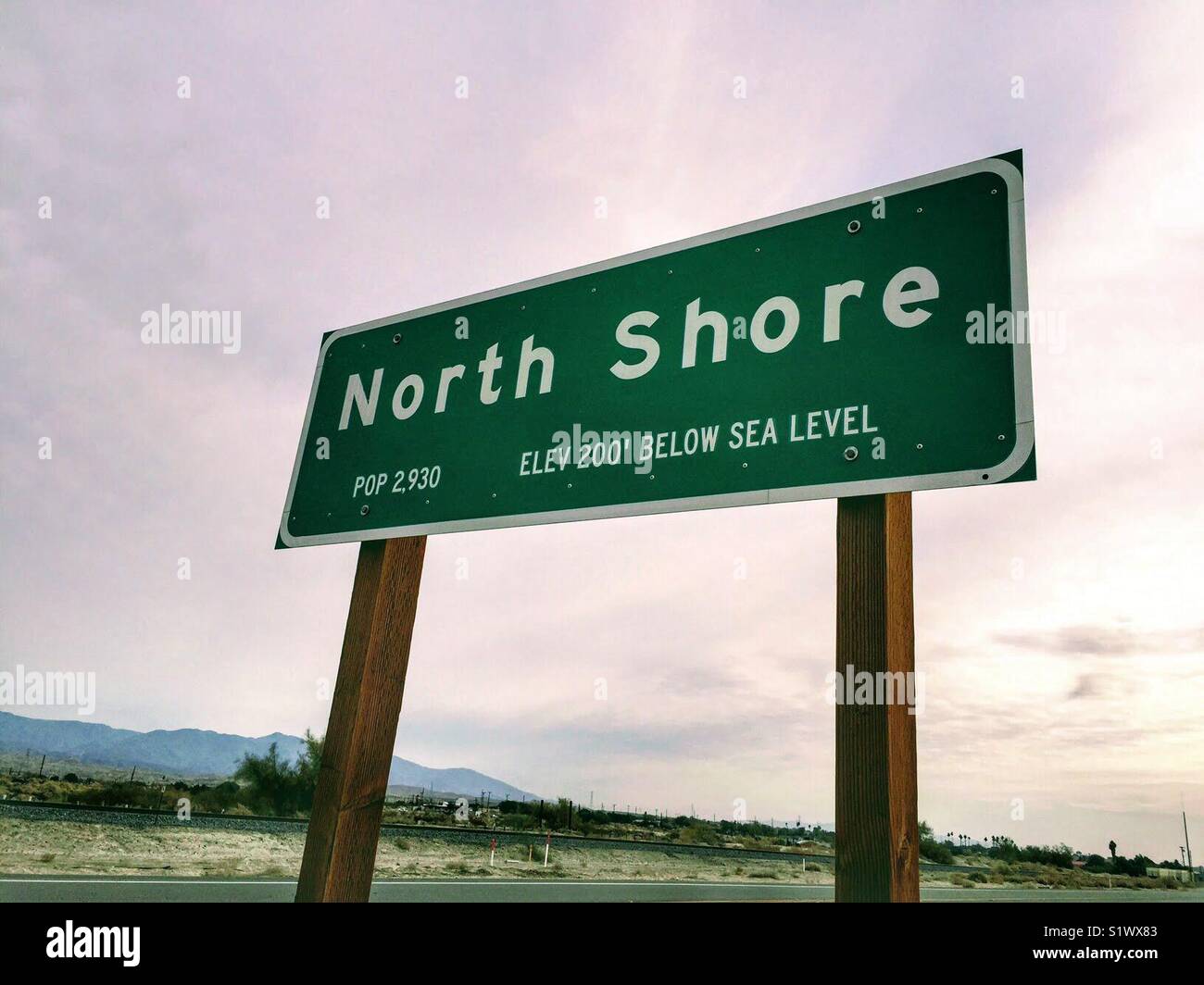 200 feet below sea level sign at North Shore at the Salton Sea Stock