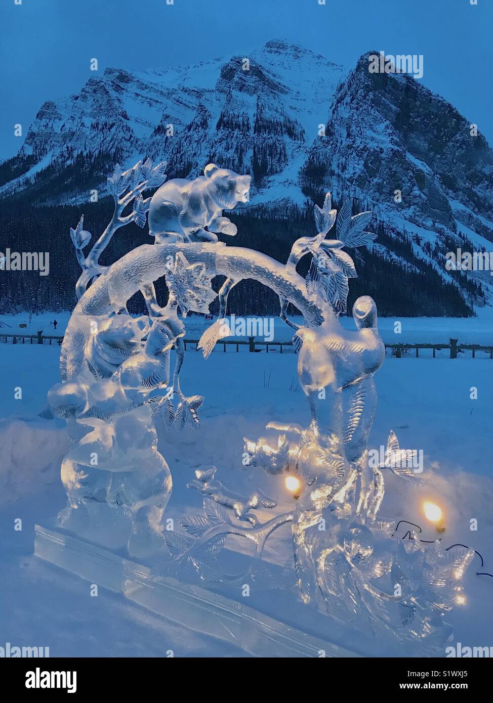 “Fun - Bears on a limb”. Second place winning ice sculpture at the 2018 Lake Louise Ice Magic Festival- carved by Team Sakha, Russia Stock Photo