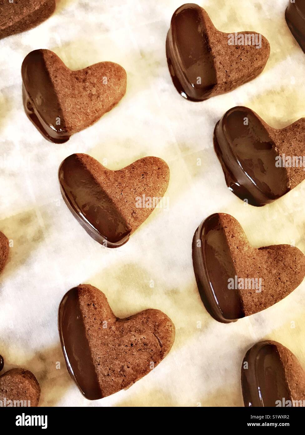 Just baked chocolate heart shaped cookies are partially dipped in chocolate and are placed on a cookie sheet to dry. Stock Photo