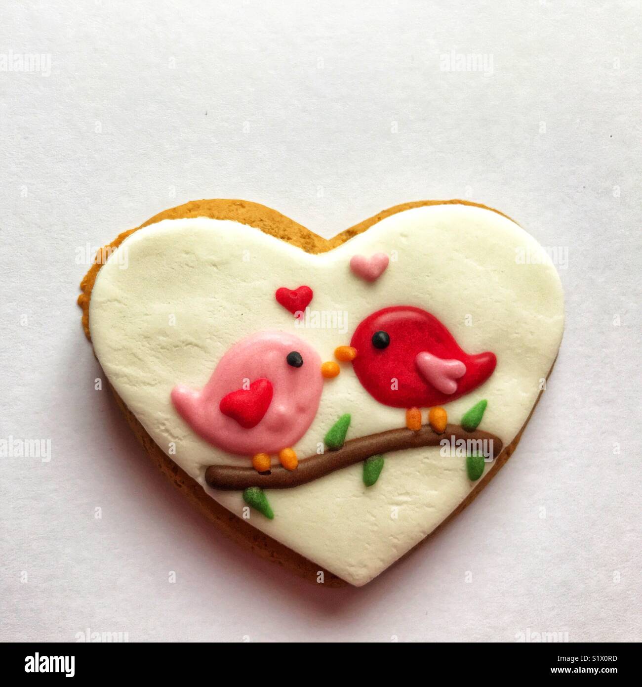 Heart shaped cookie decorated with white icing and cute birds, on a white background - Smartphone Captured Stock Image