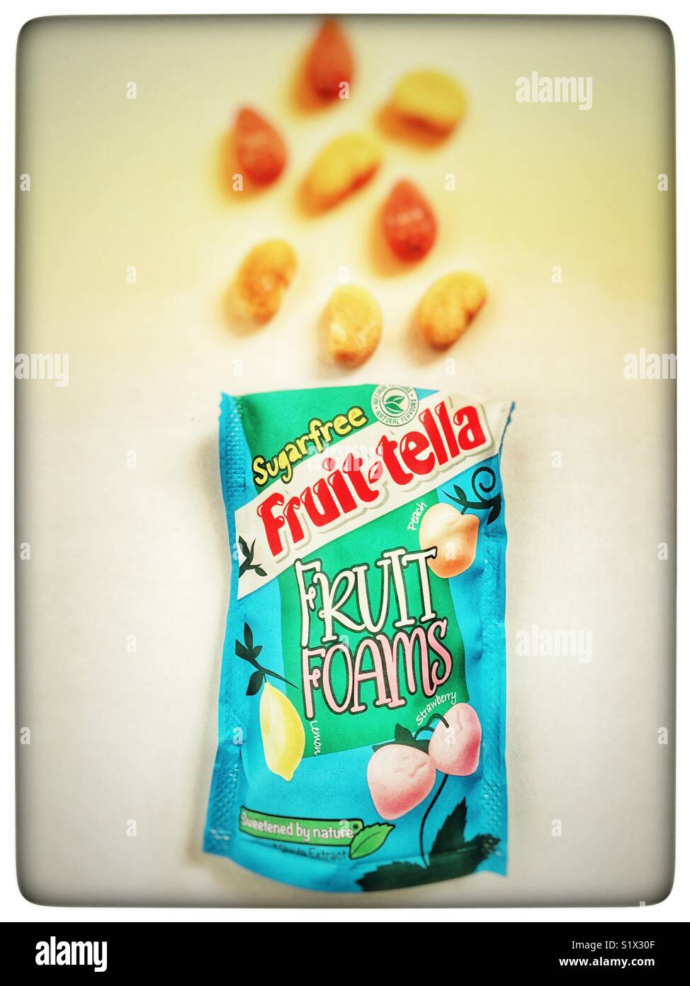 Fruit-tella sugar free fruit foams - Smartphone Captured Stock Image