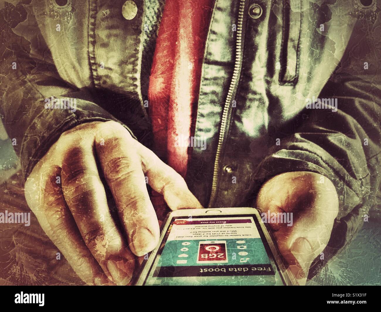 Woman using the Vodaphone app on her smartphone, close/up, midsection - Smartphone Captured Stock Image