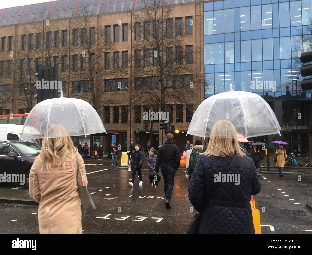 Two women carrying identical umbrellas on a rainy day in London England UK - Smartphone Captured Stock Image