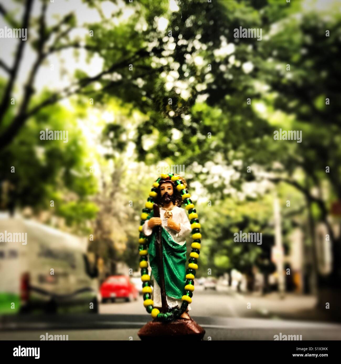 An image of Saint Jude Thaddeus decorates a taxi in Mexico City, Mexico Stock Photo