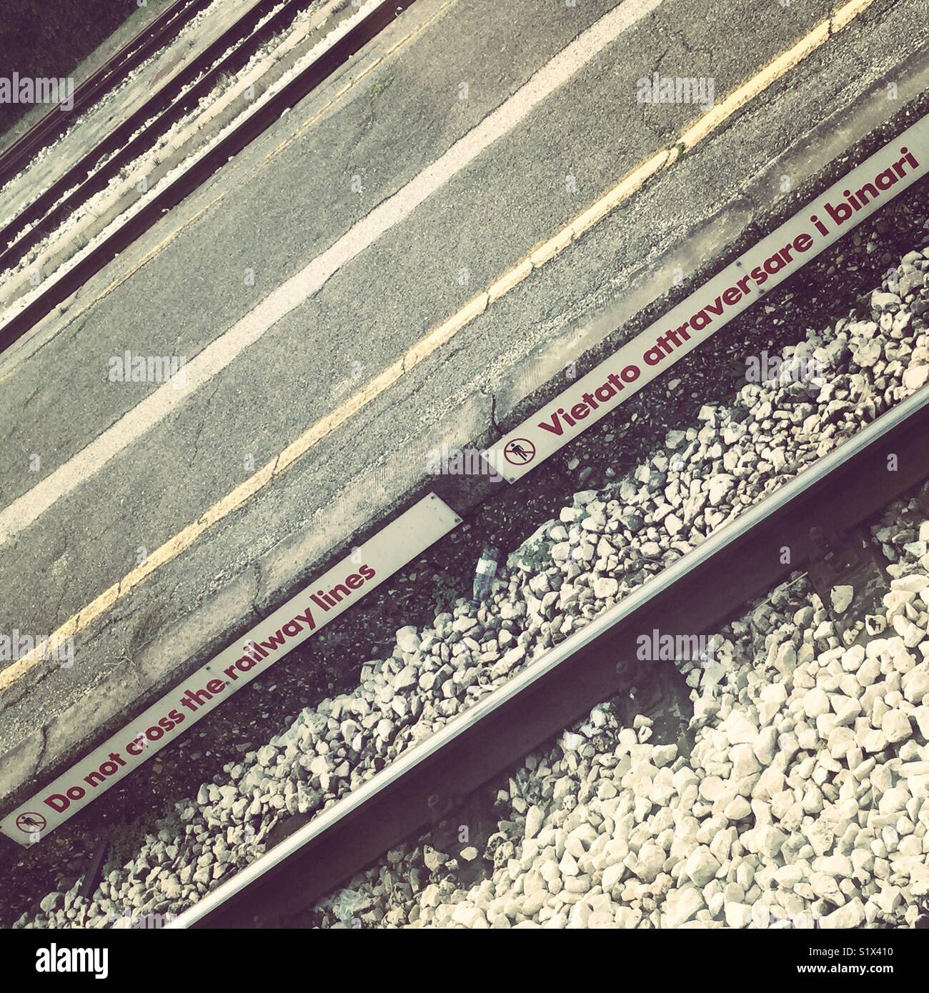 Do not cross the railway lines. Stock Photo