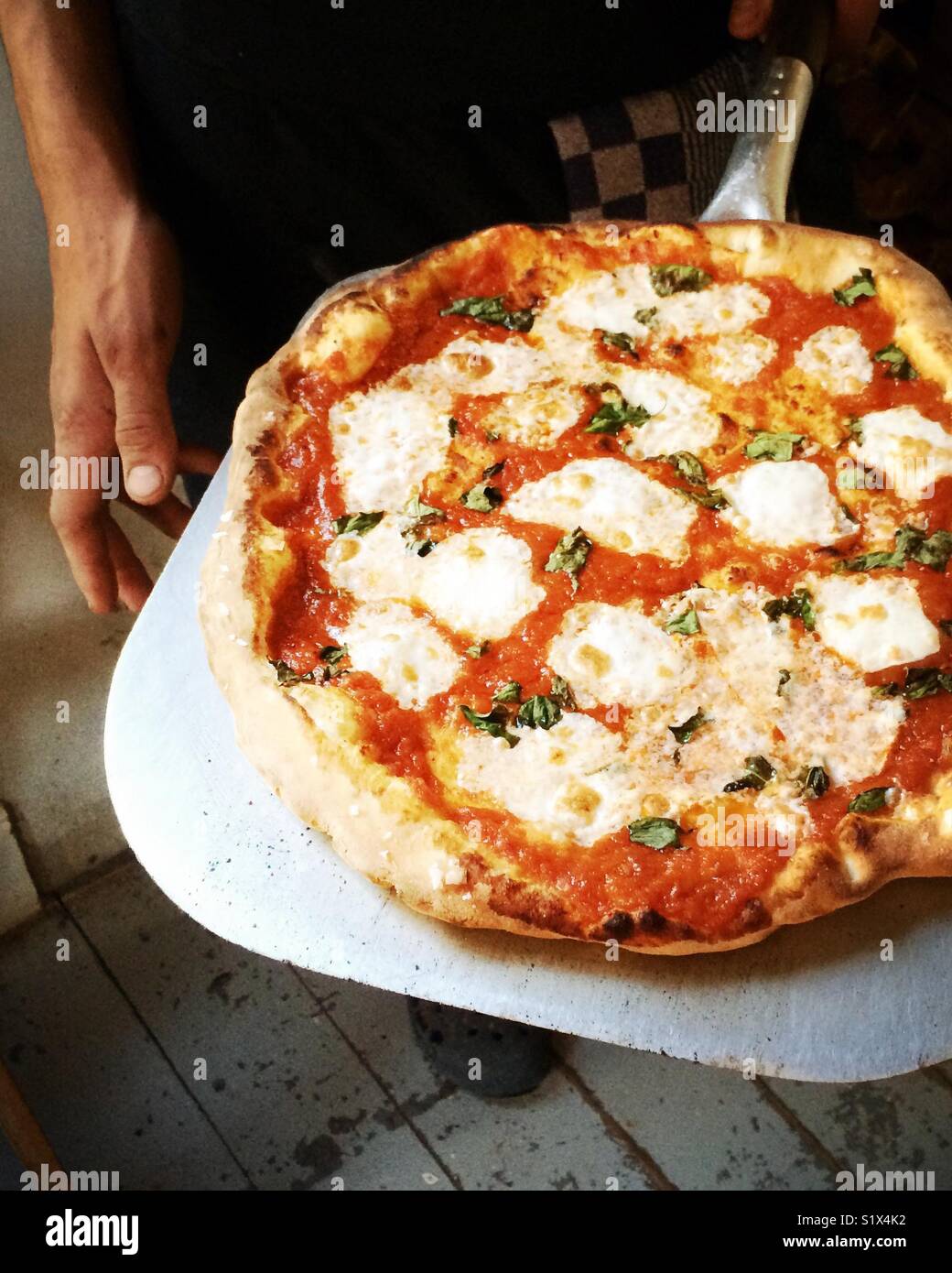 Fresh brick oven pizza being served Stock Photo
