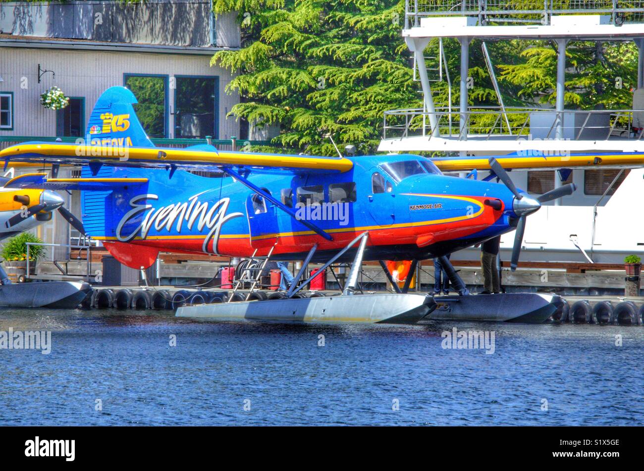 Evening magazine sea plane by the dock in Southlake union, Seattle Washington - Smartphone Captured Stock Image