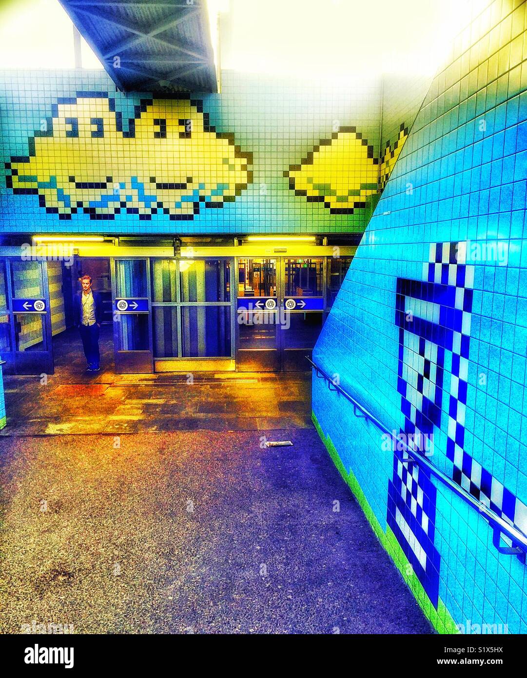 Thorildsplan metro station (opened 1952), Stockholm, Sweden, Scandinavia. The station is themed after video games - Smartphone Captured Stock Image