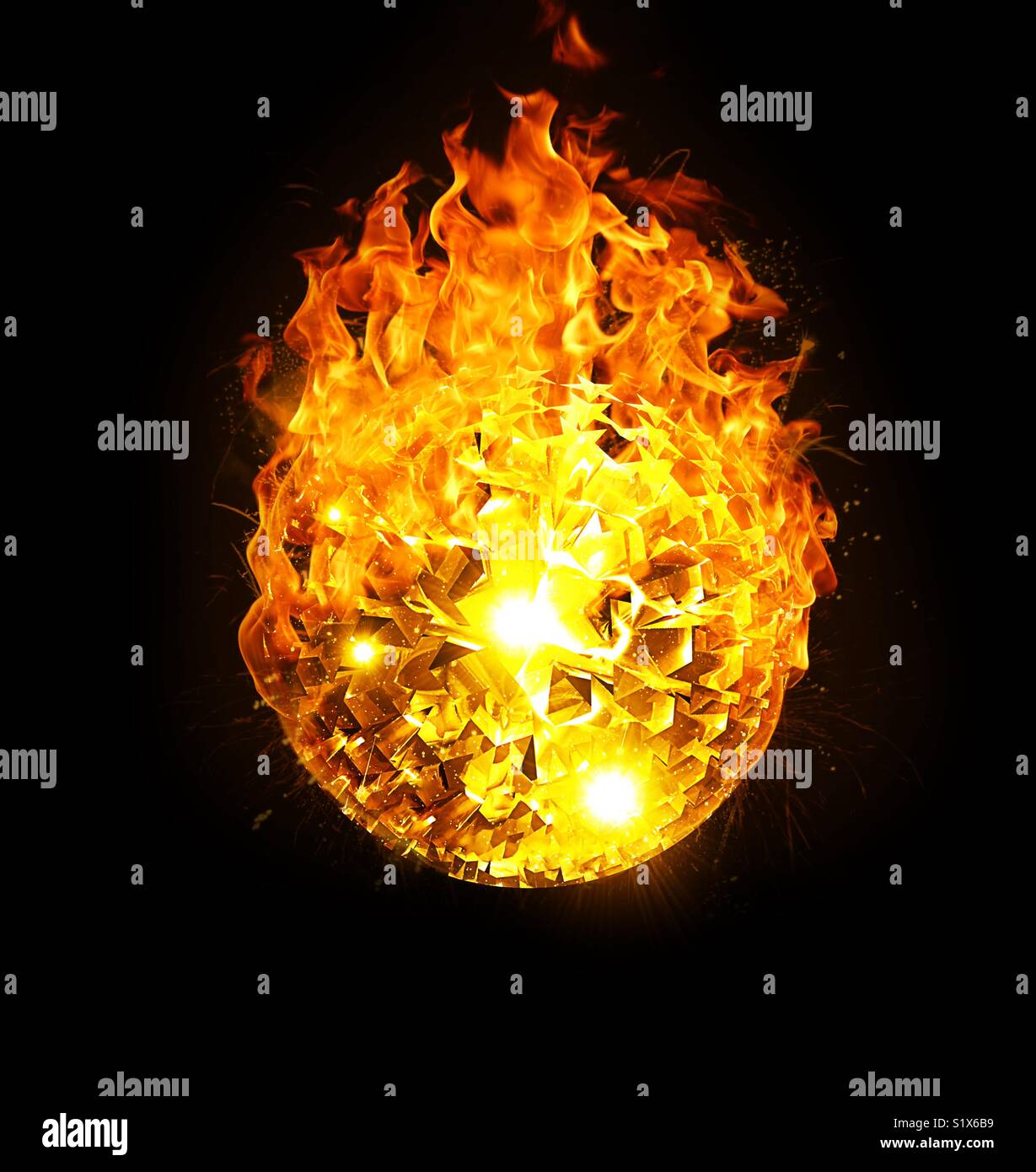 Gold ball with fire effect isolation on the black background Stock Photo