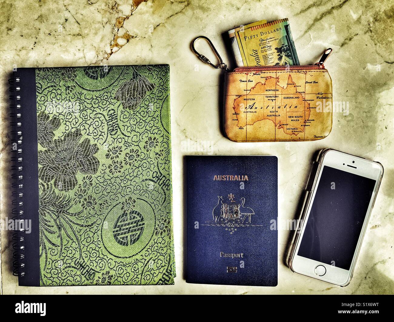 Flatlay photography, travel items including Australian passport, DSLR