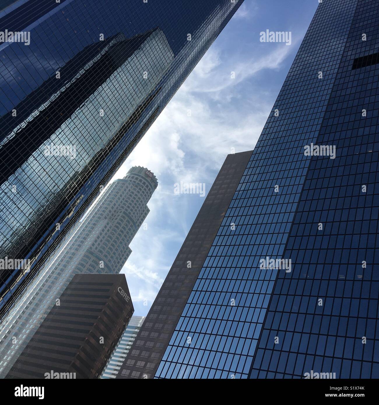 US Bank Tower surrounded by Skyscrapers in Downtown Los Angeles Stock Photo