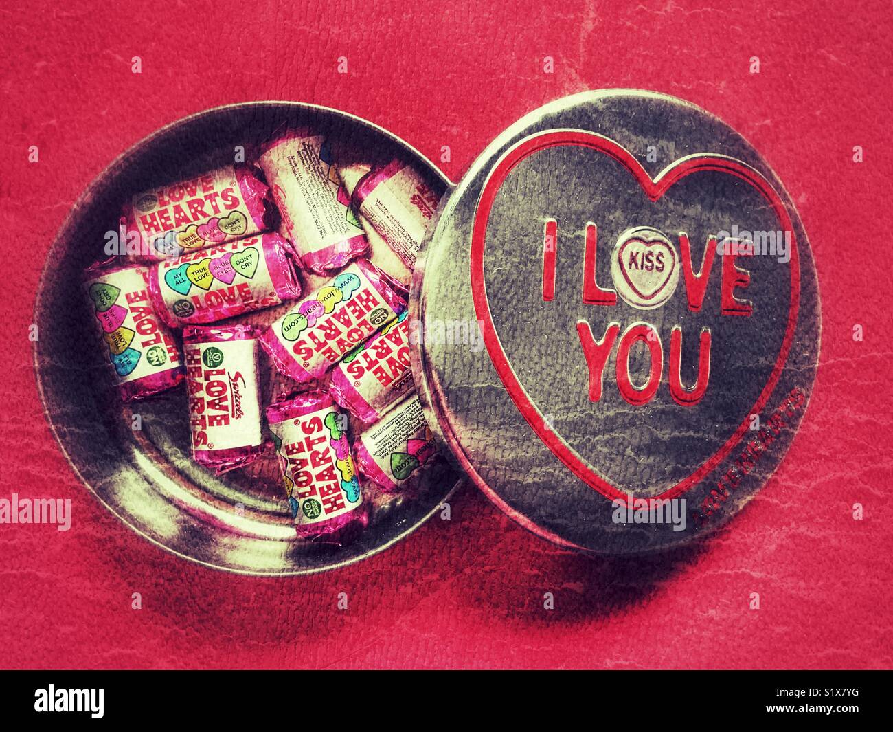 Valentine’s Day, Love hearts in a tin with I love You on the lid - Smartphone Captured Stock Image