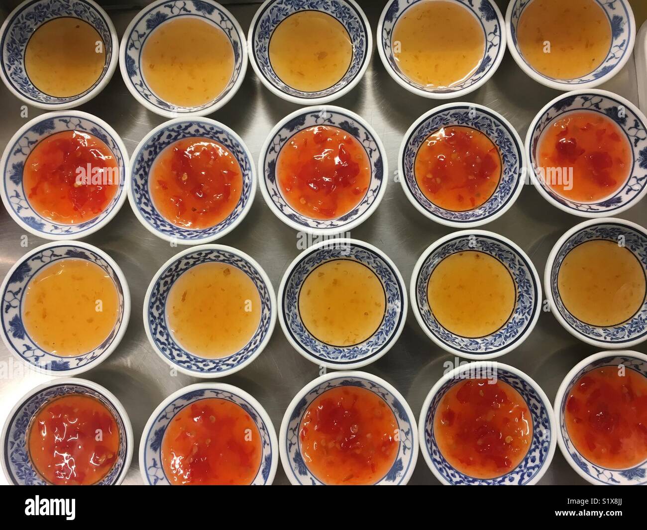 Dipping sauces, thai sweet chilli sauce, plum sauce, Norfolk, uk Stock Photo