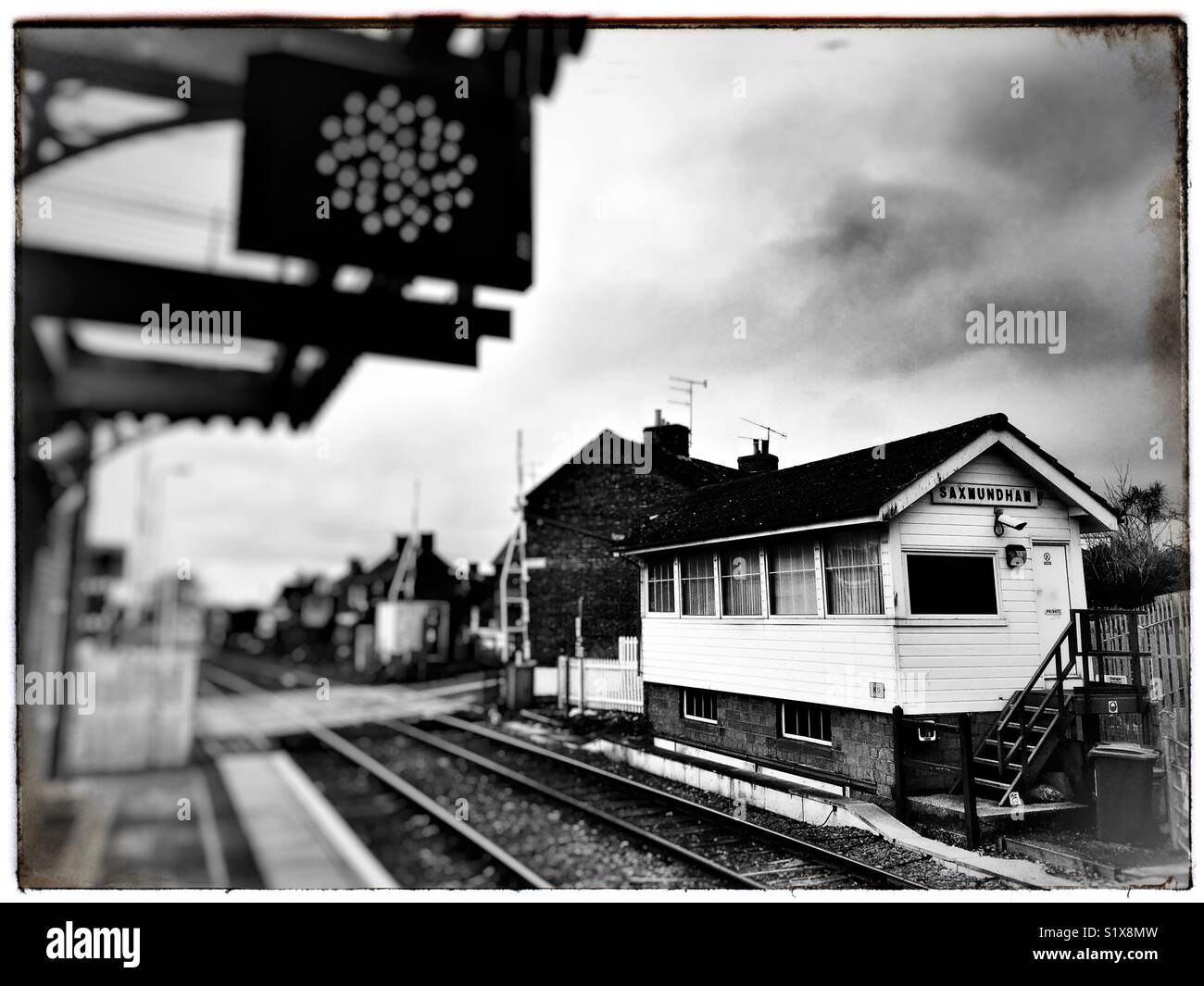 Wooden signal box, East Suffolk branch line, Saxmundham, Suffolk, England. - Smartphone Captured Stock Image