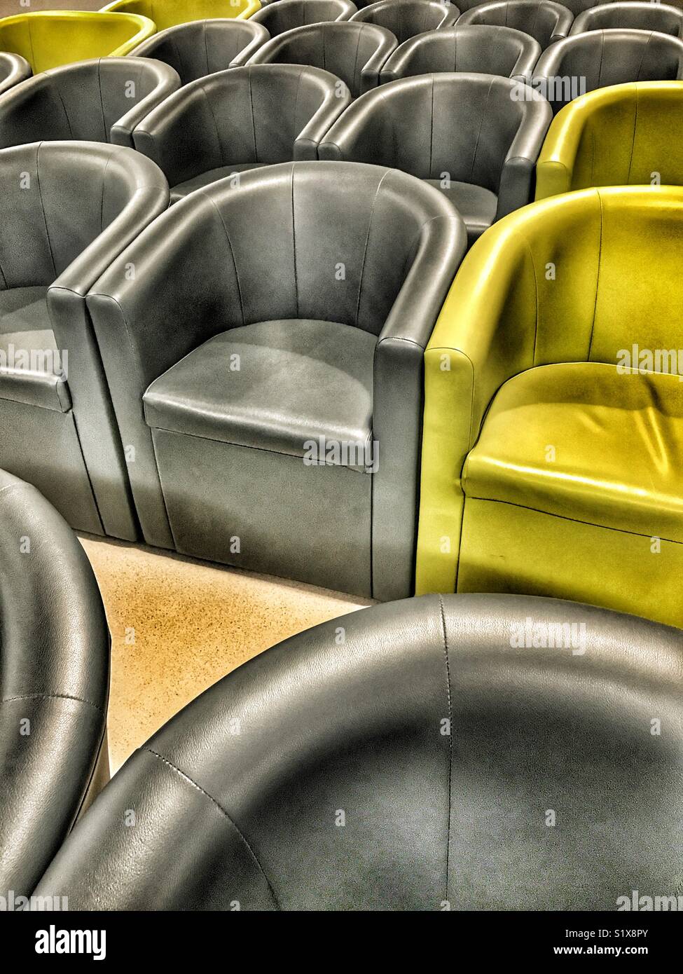 Modern, functional seating in the waiting area for outpatients in an NHS hospital, Yeovil, Somerset, England - Smartphone Captured Stock Image