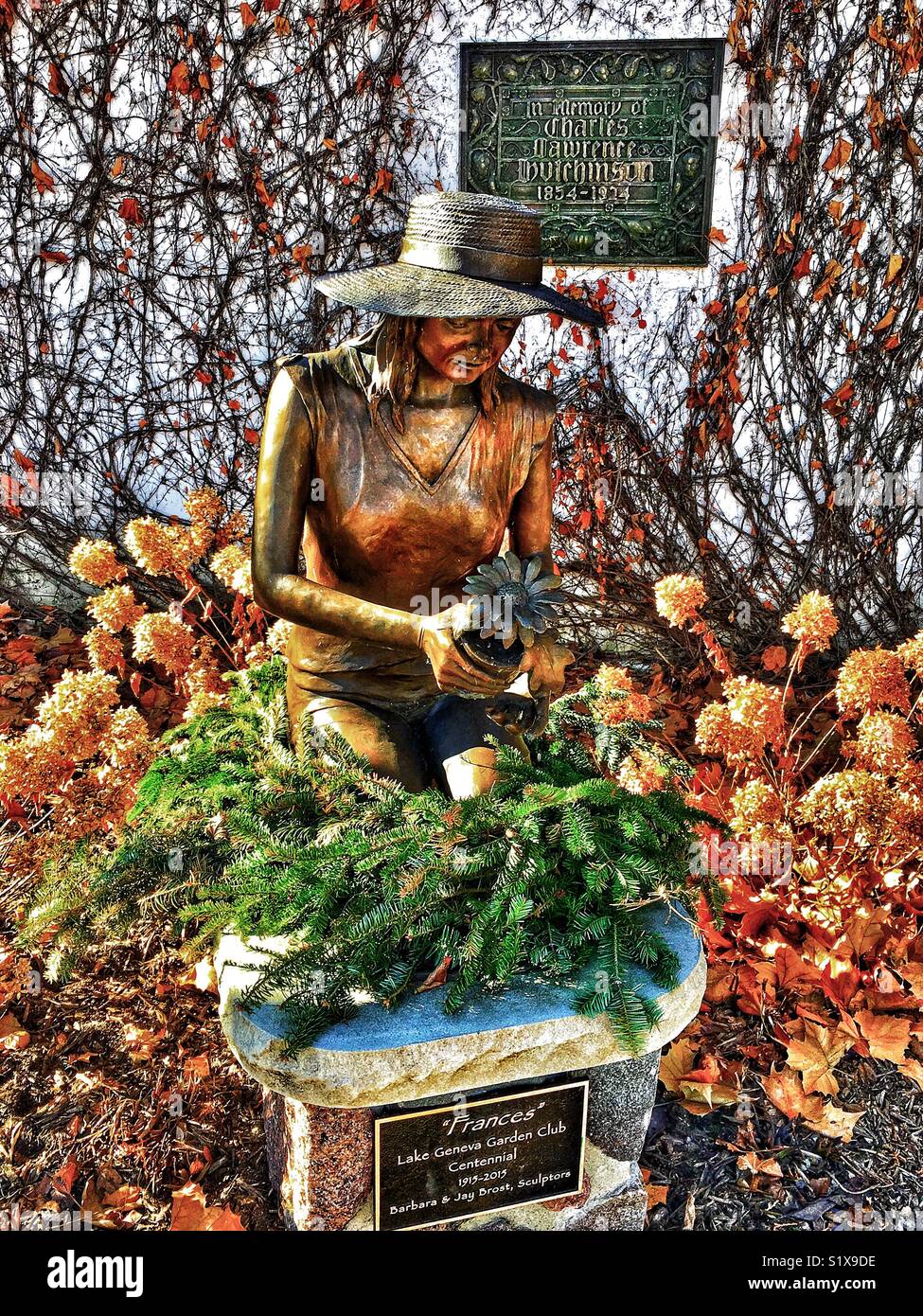 “Frances” bronze sculpture and memorial plaque, Horticultural Hall, Lake Geneva, WI - Smartphone Captured Stock Image