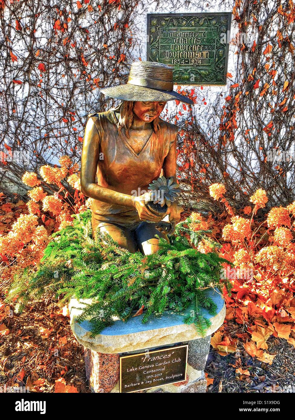 “Frances” bronze sculpture with memorial plaque in background, Horticultural Hall, Lake Geneva, WI - Smartphone Captured Stock Image