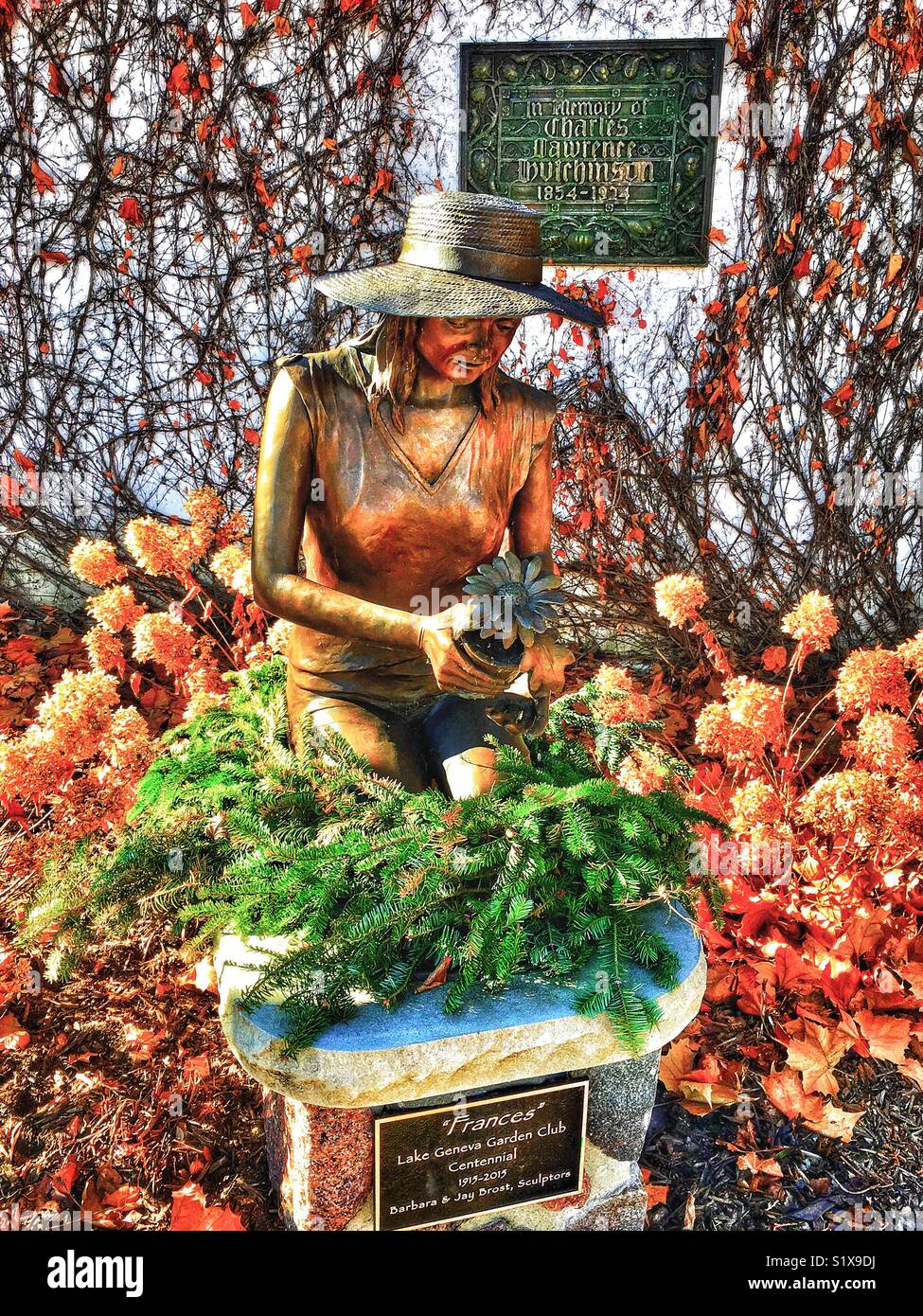 “Frances” bronze sculpture and memorial plaque, Horticultural Hall, Lake Geneva, WI - Smartphone Captured Stock Image