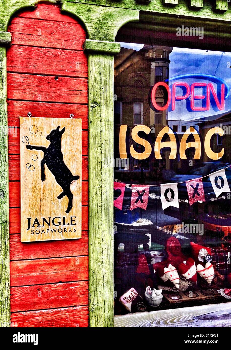 Storefront of Isaac’s Soaps & Antiques with Jangle Soapworks goat