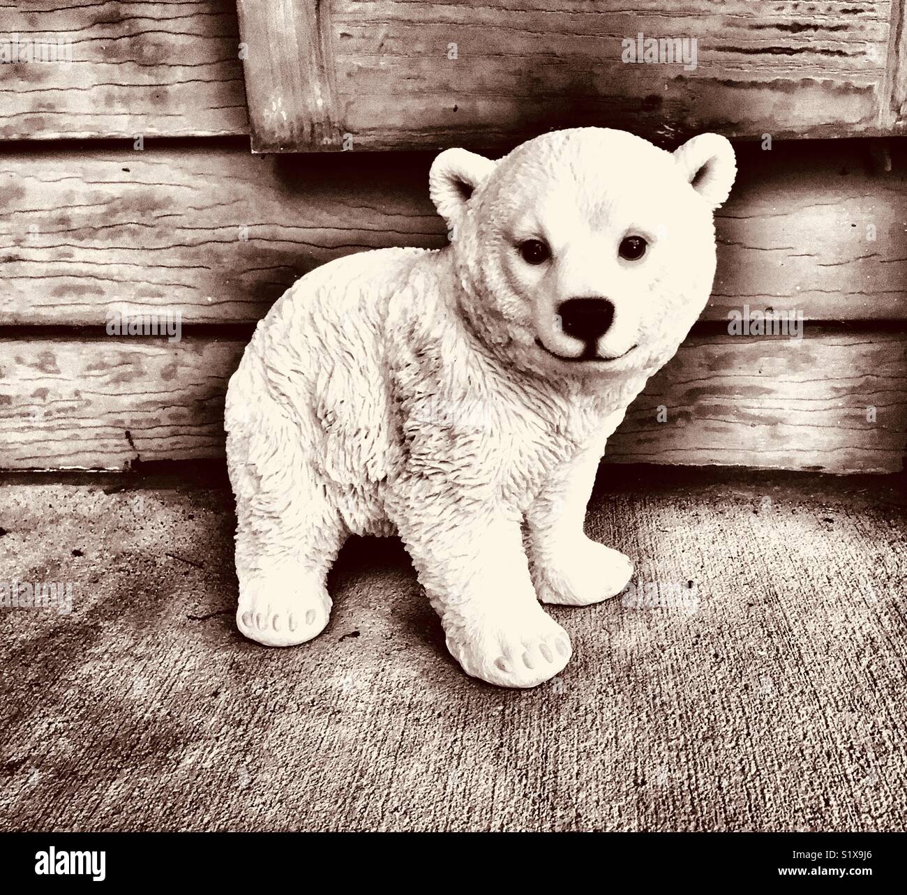 Polar bear cub lawn ornament outside of a house - Smartphone Captured Stock Image
